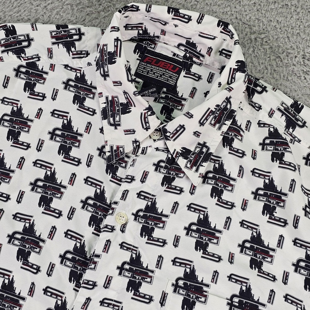 FUBU Shirt Mens Large White Black Button‎ Up Short Sleeve All Over Print Logo